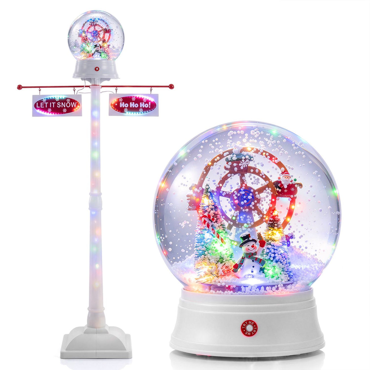 White street lamp with colorful lights and hanging signs, shown beside a close-up of its illuminated globe.