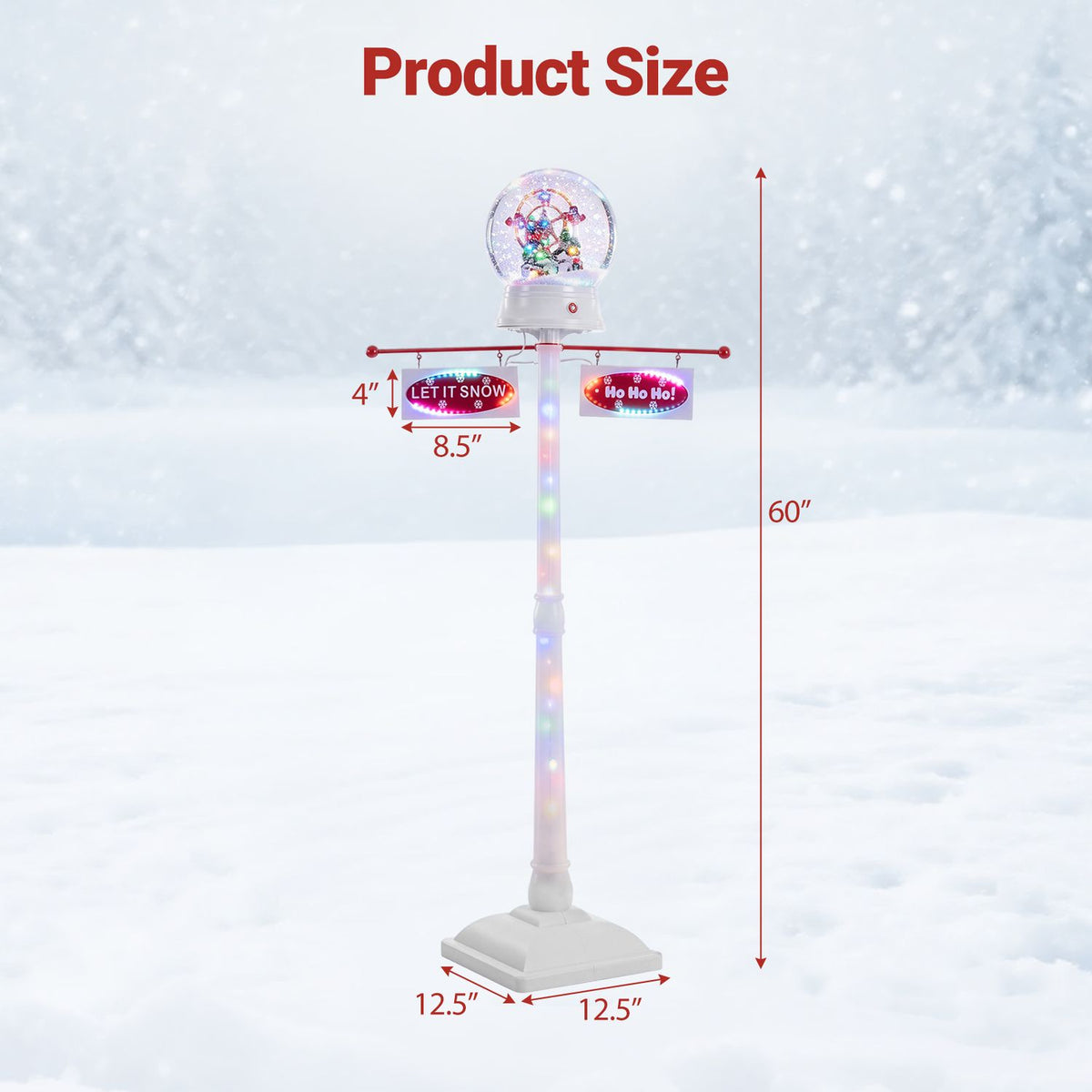 White Christmas lamp post with a glowing snow globe top and red measurement arrows on a snowy background.