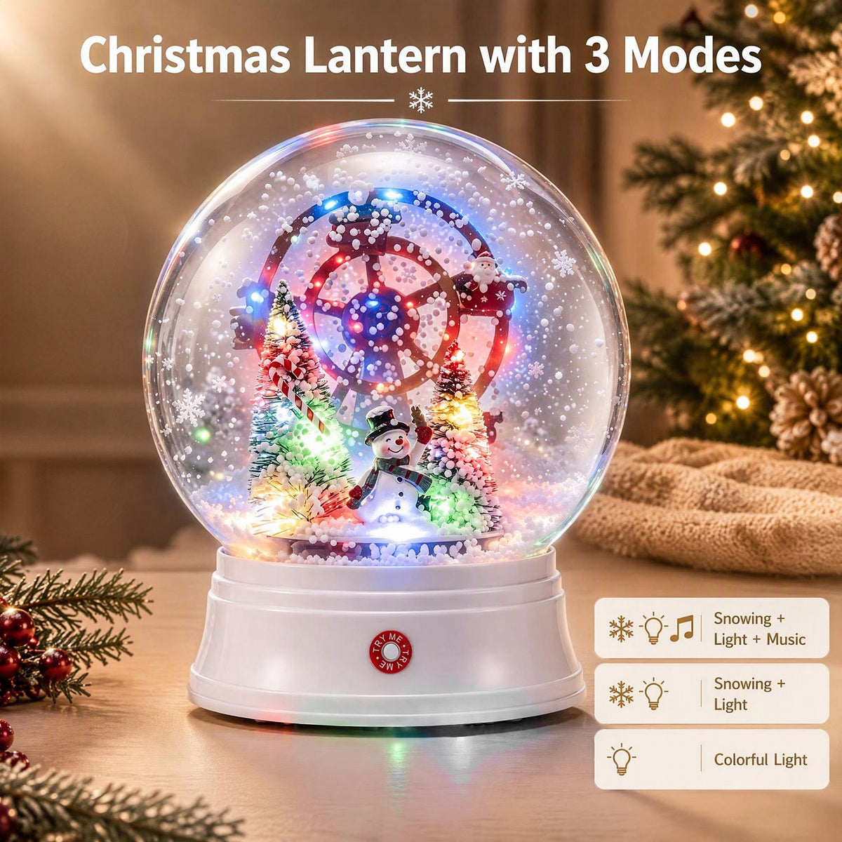Close-up of a glowing snow globe lantern with a miniature Christmas scene and colored lights.