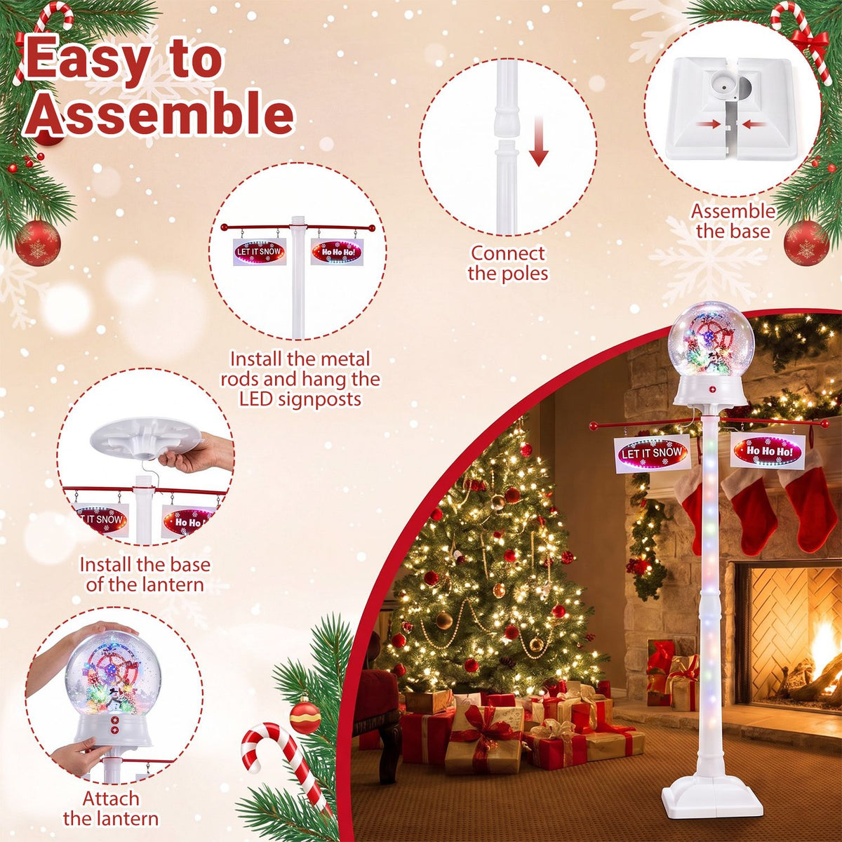 Assembly steps for the white lamp post shown beside a decorated Christmas tree and fireplace.