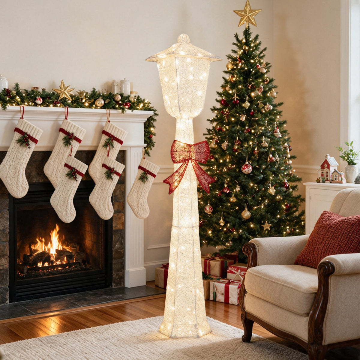 Glowing decorative lamp post with a red bow beside a Christmas tree and fireplace.