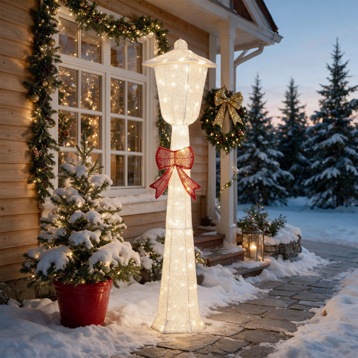 Illuminated bow-trimmed lamp post standing in the snow beside a decorated porch.