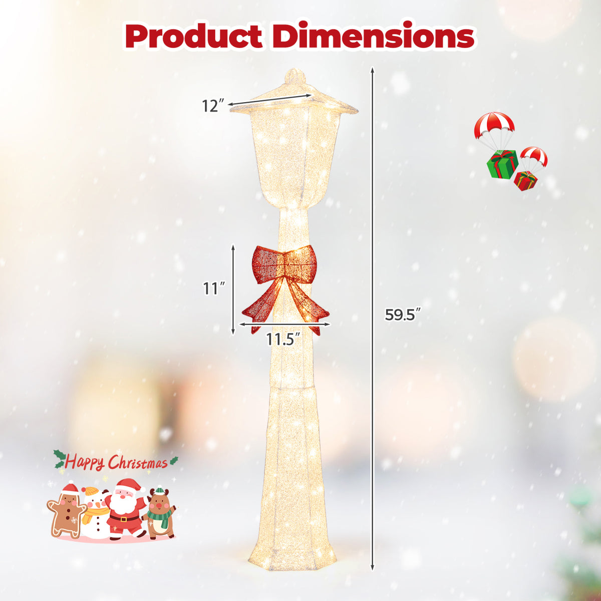 Dimension graphic showing the lighted lamp post with a red bow and measurement arrows.