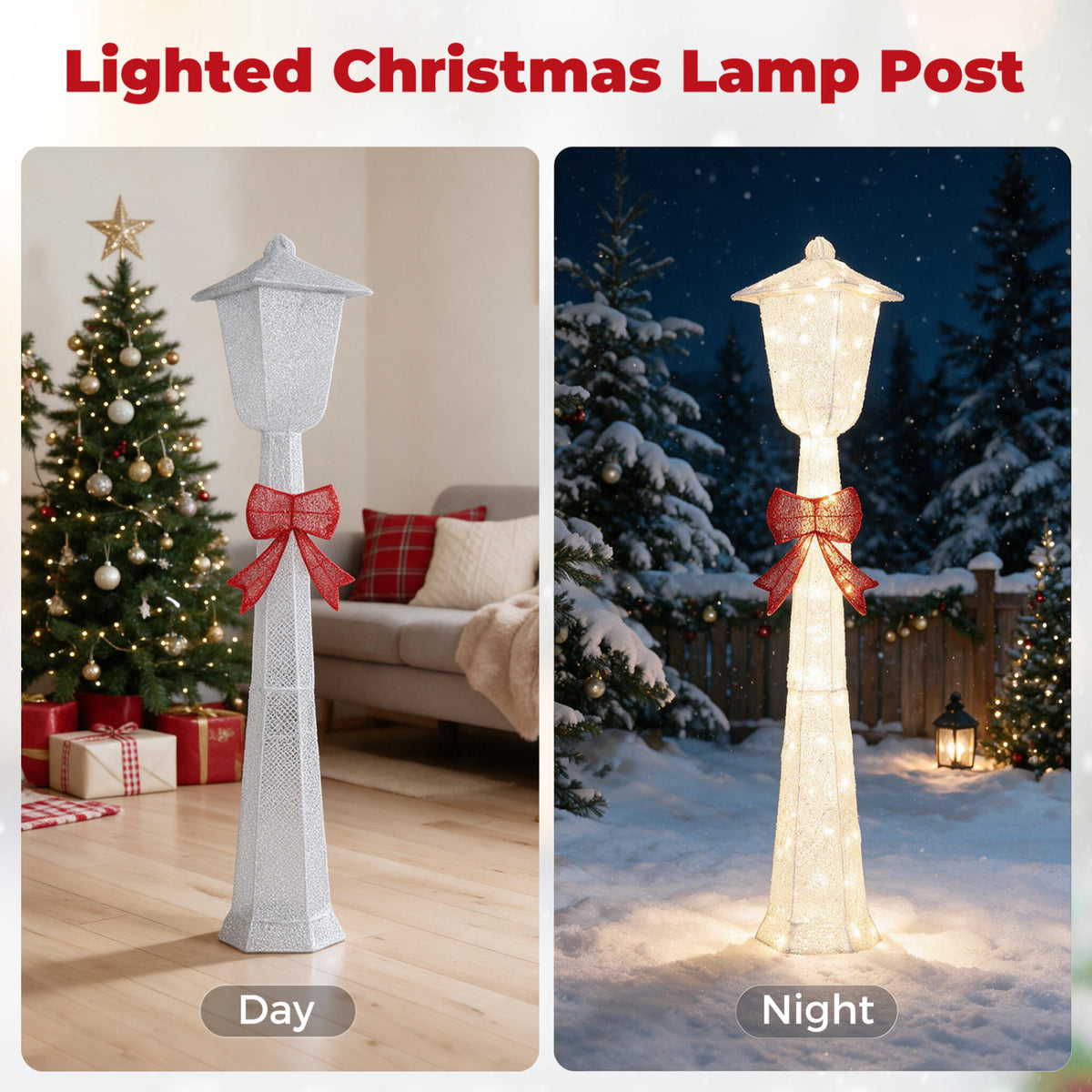 White lamp post with a red bow shown unlit beside a Christmas tree and glowing in a snowy yard at night.