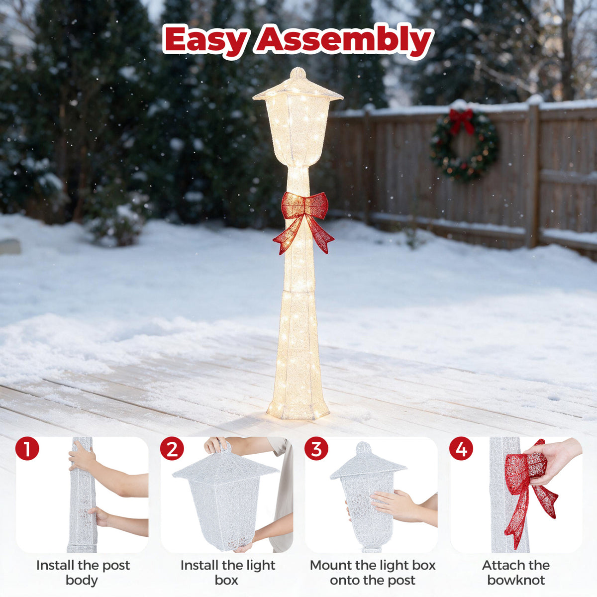 Glowing lamp post with a red bow stands in snow above four insets showing hands assembling its parts.