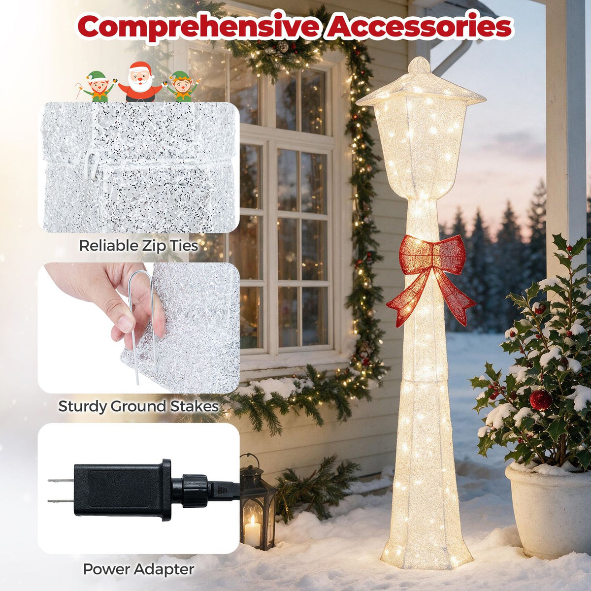 Glowing bow-decorated lamp post beside images of ties, ground stakes and a power adapter.