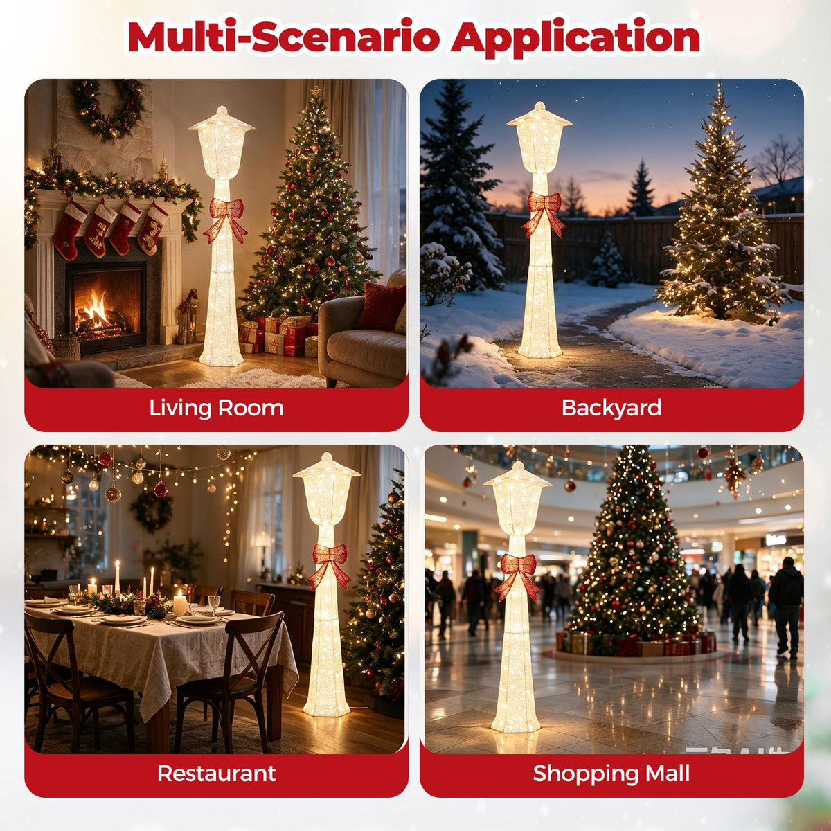 Four scenes show the glowing bow-decorated lamp post in a living room, backyard, restaurant and shopping mall.