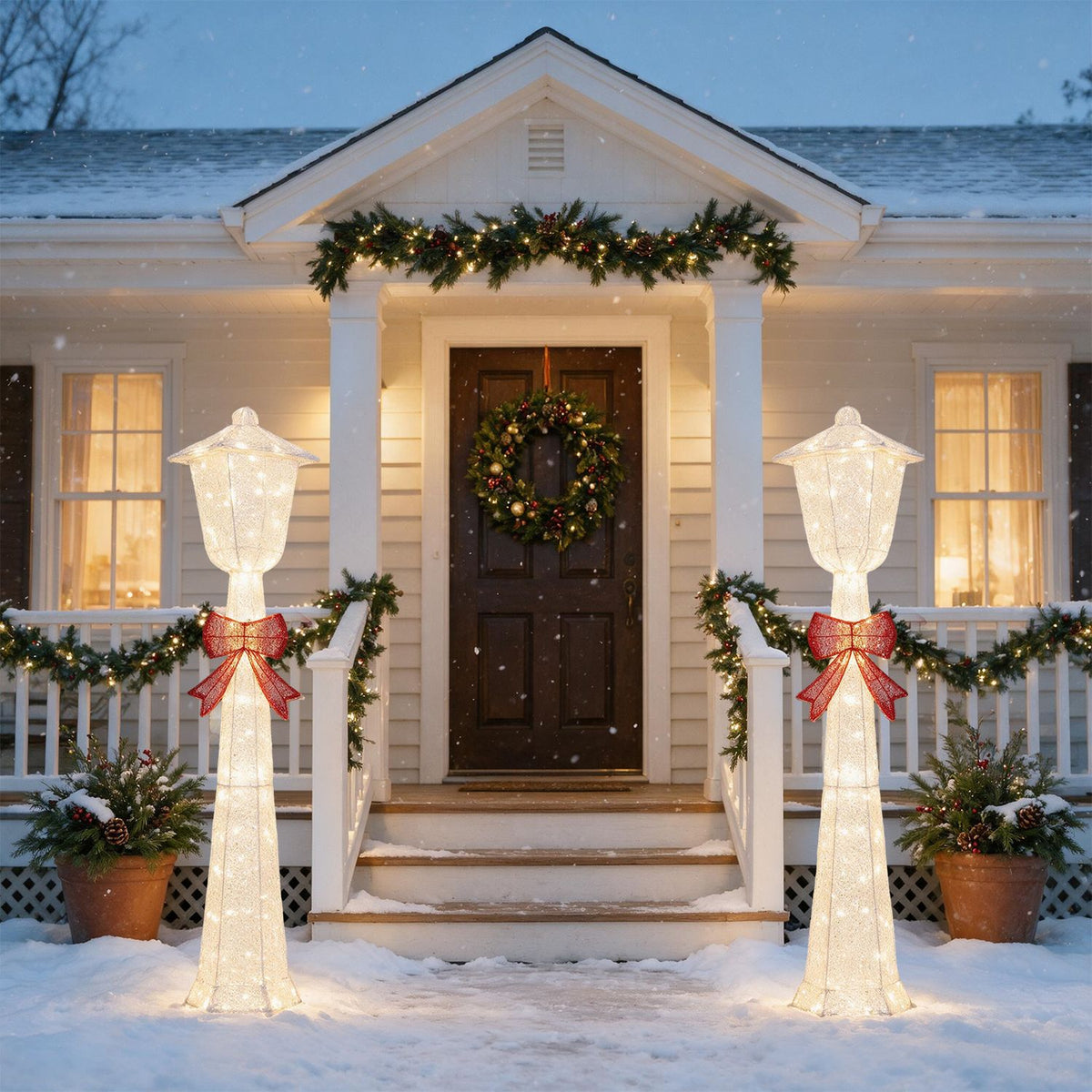 Pair of glowing silver-sparkled lamp posts with red bows beside a snowy porch