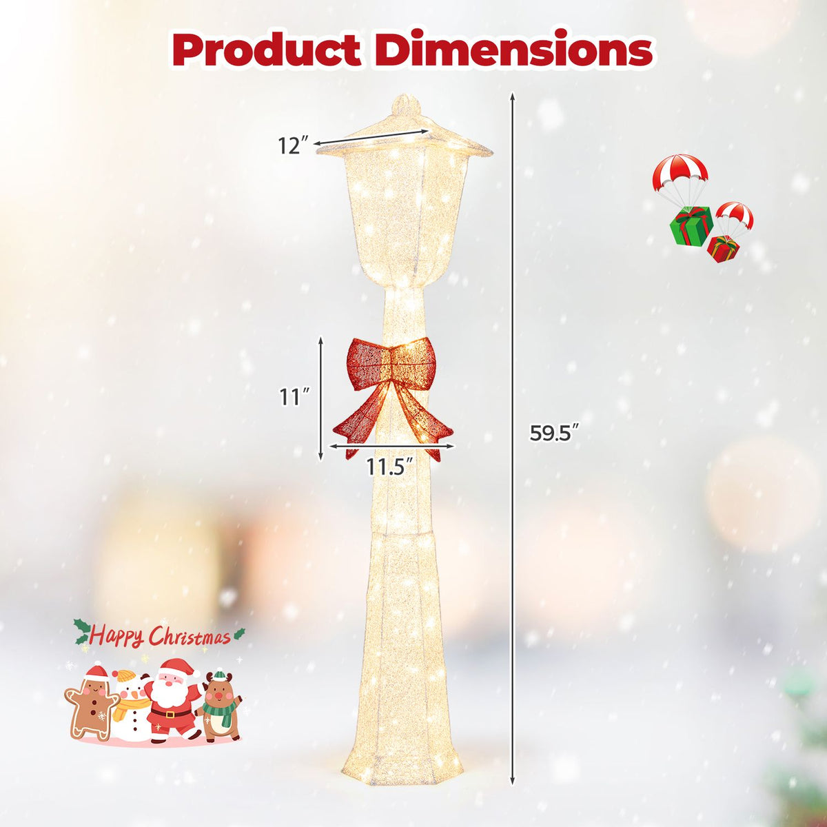 Single lighted lamp post with red bow shown with height and bow measurements