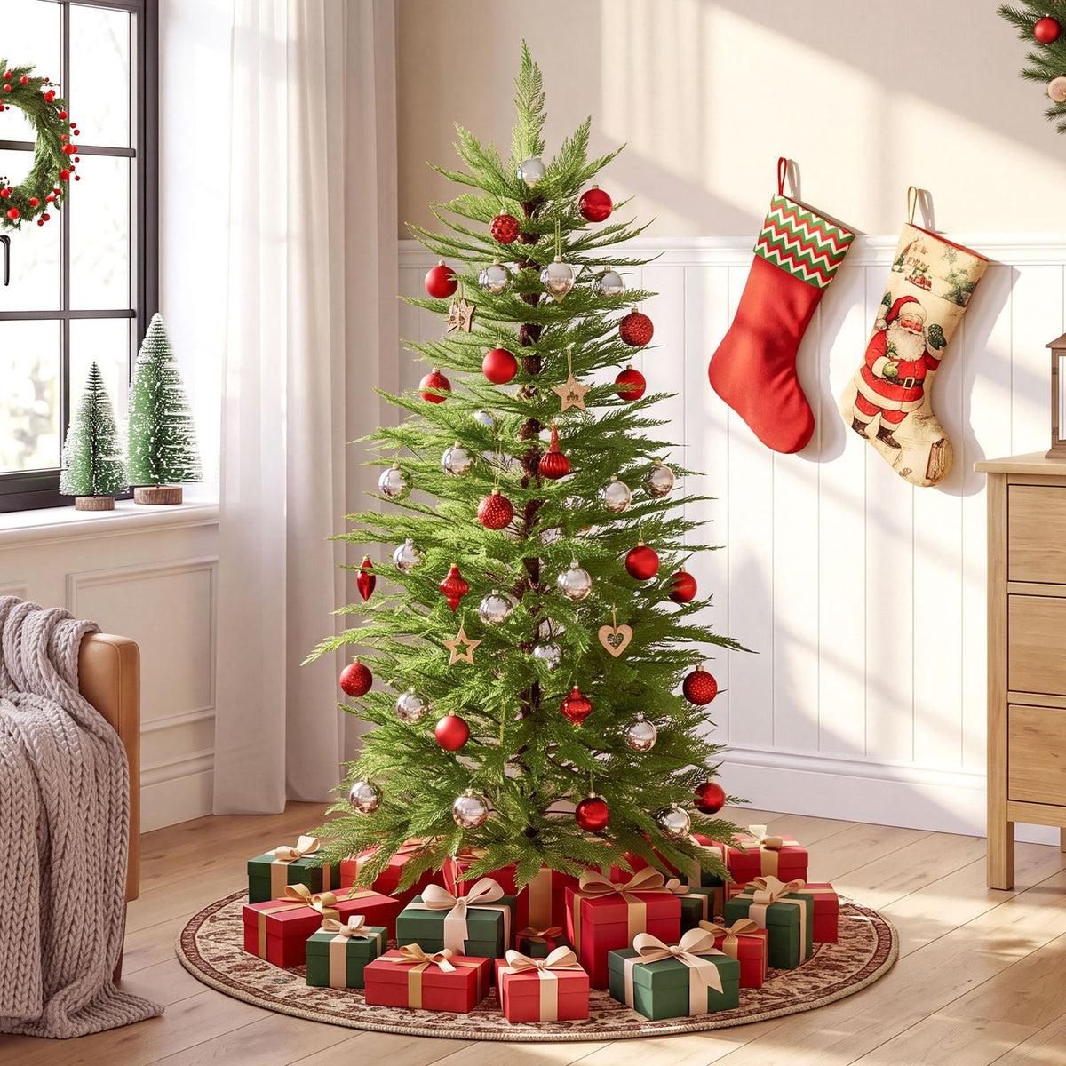 Artificial Christmas tree decorated with red and silver ornaments, with stockings and gifts nearby.