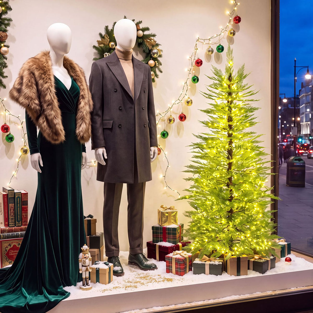 A warm-lit Christmas tree with ornaments and presents stands in a shop window beside two mannequins.