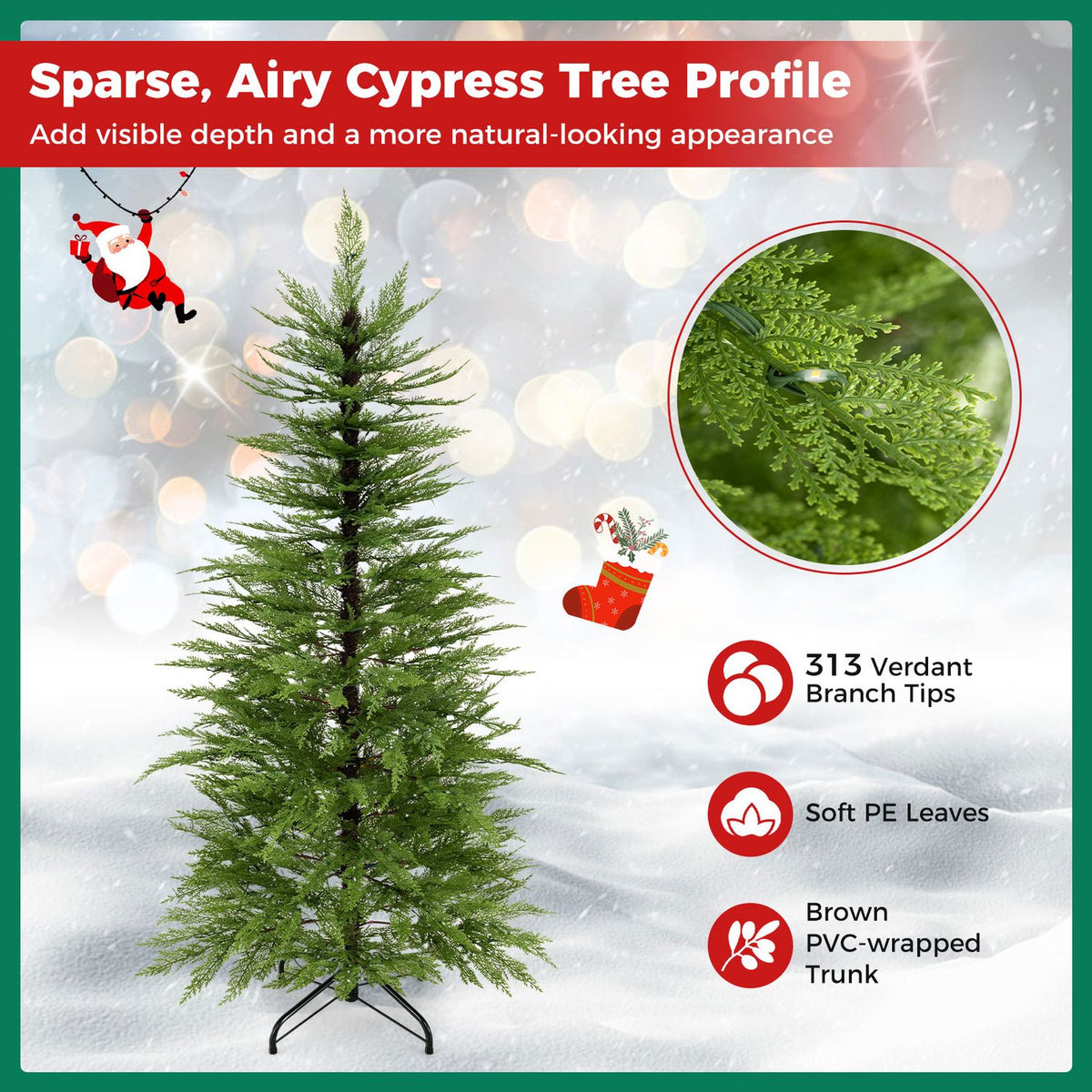 An undecorated artificial tree is shown beside a circular close-up of its green branches.