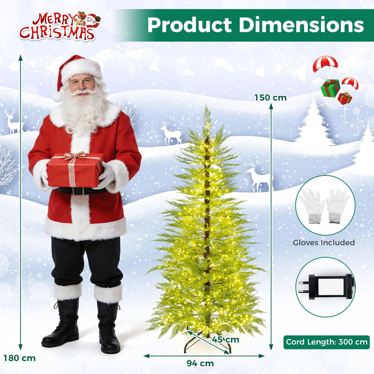 A lit artificial tree stands beside Santa, with gloves and a power cord pictured on a snowy graphic background.