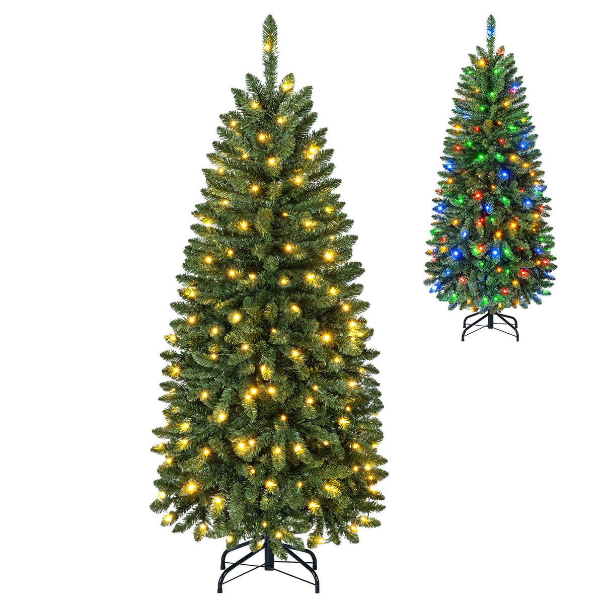 Two slim artificial trees on stands are shown against a white background, one with warm lights and one with multicolored