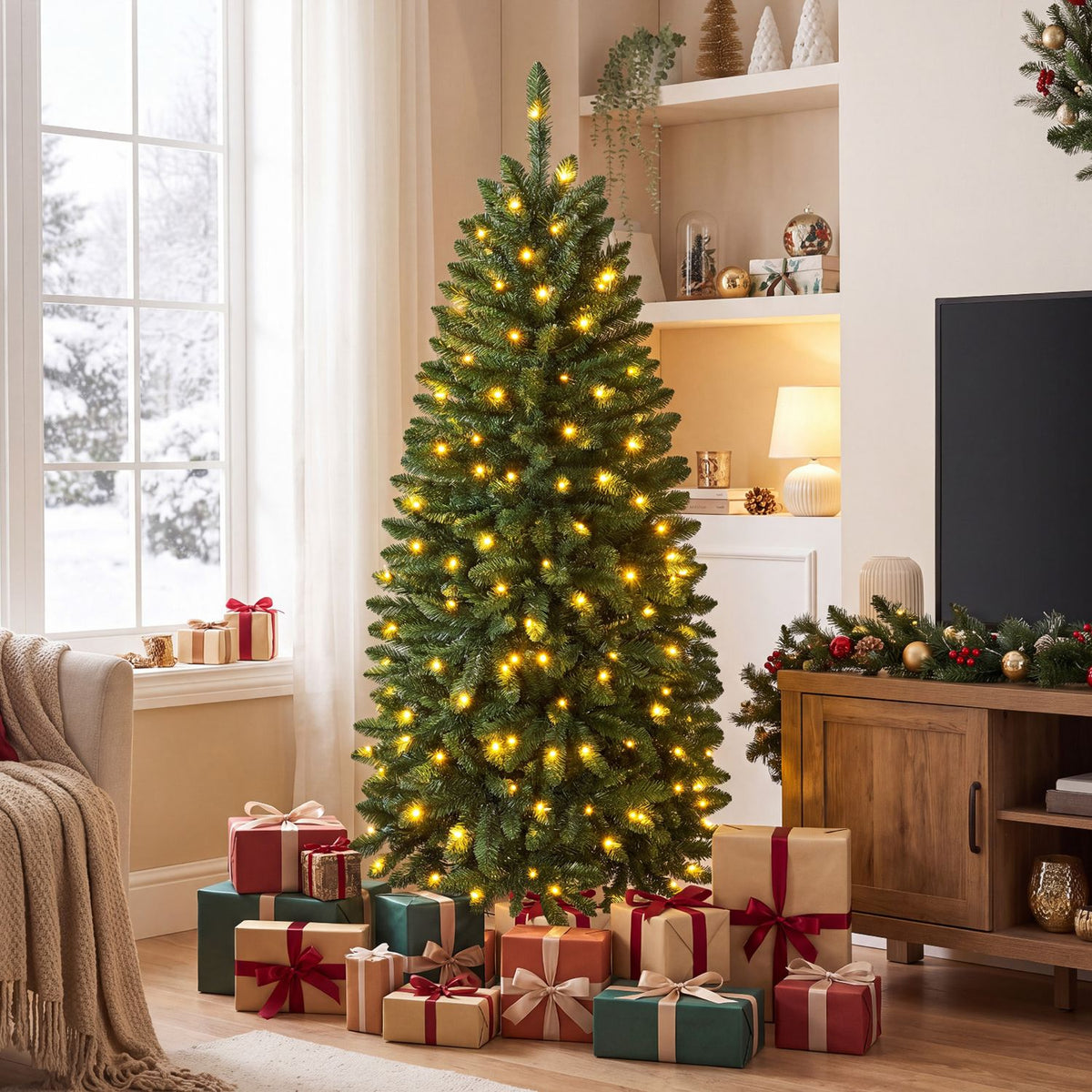 A warmly lit Christmas tree stands beside a window, surrounded by wrapped gifts.