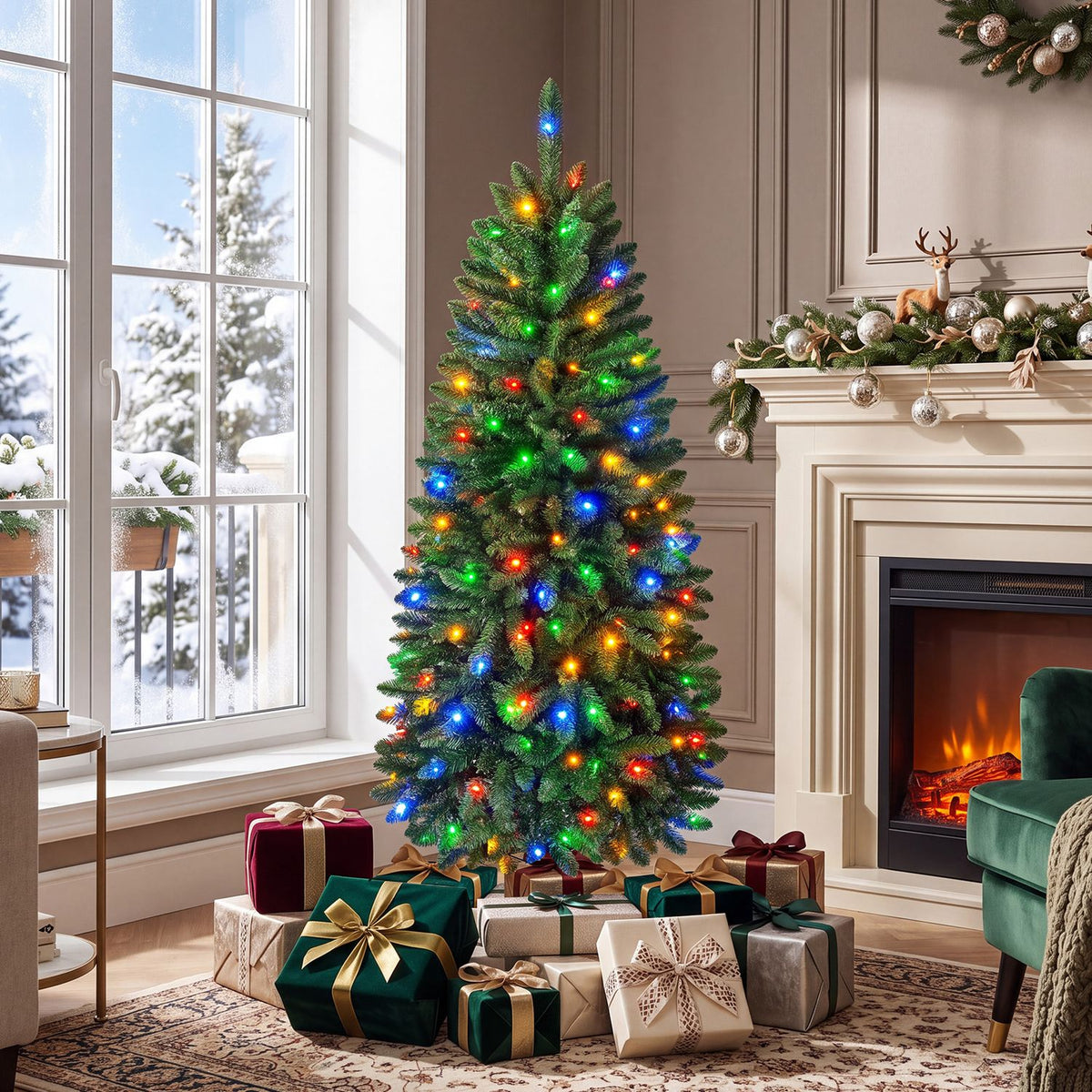 A Christmas tree glowing with multicolored lights stands among gifts beside a fireplace.