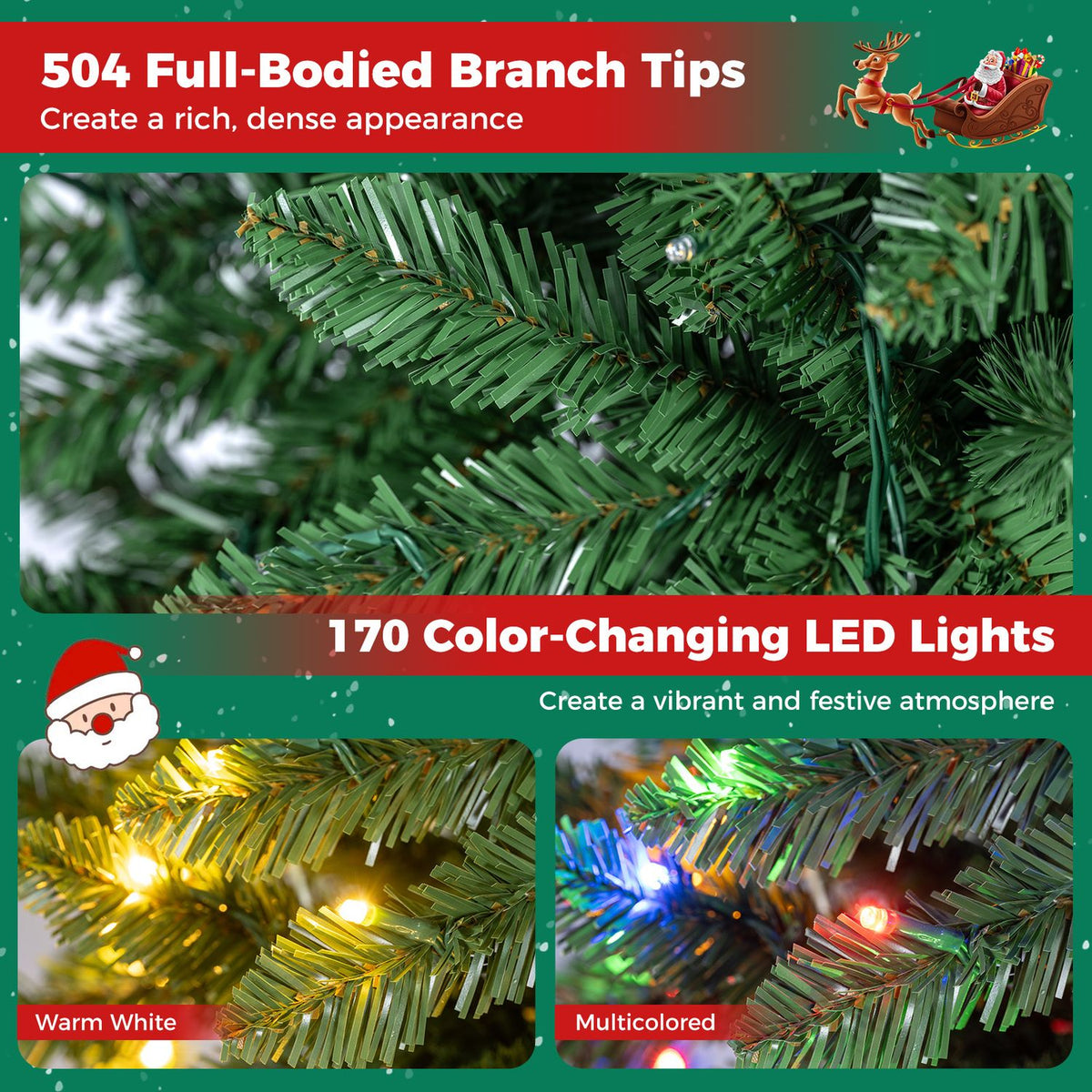 Close-ups show dense green branches and tree lights glowing warm white and in multiple colors.