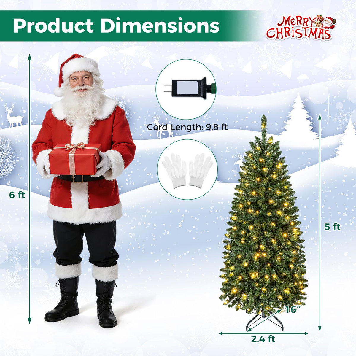 A lit tree is shown beside a Santa figure, with arrows indicating the tree's height and width.