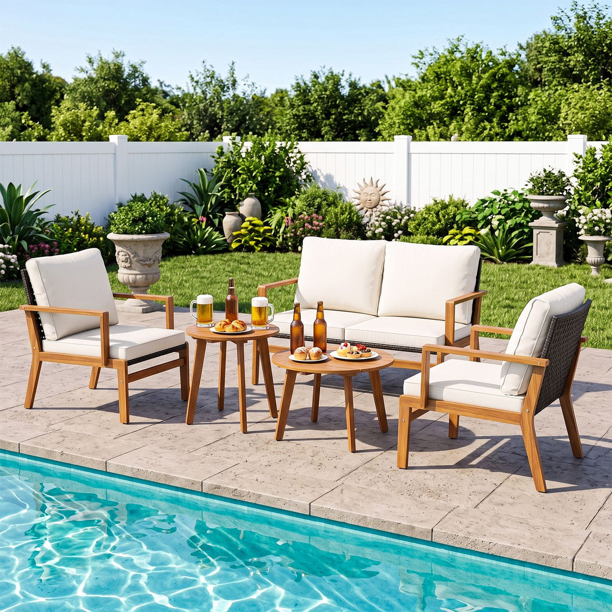 Patio conversation set arranged beside a swimming pool, with white cushions, wood frames and two round tables.