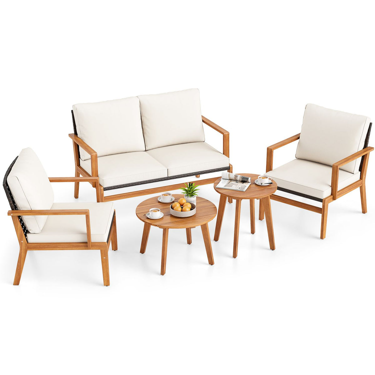 White-background view of a patio set with a loveseat, two armchairs and two round tables.