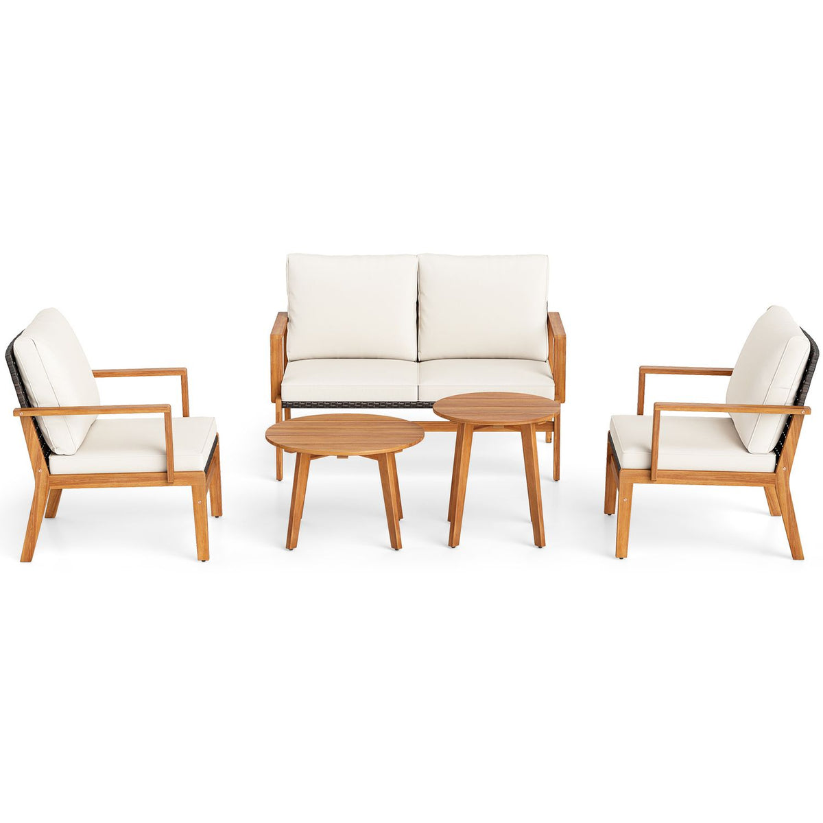 Front-facing white-background view of the loveseat, two armchairs and pair of round tables.