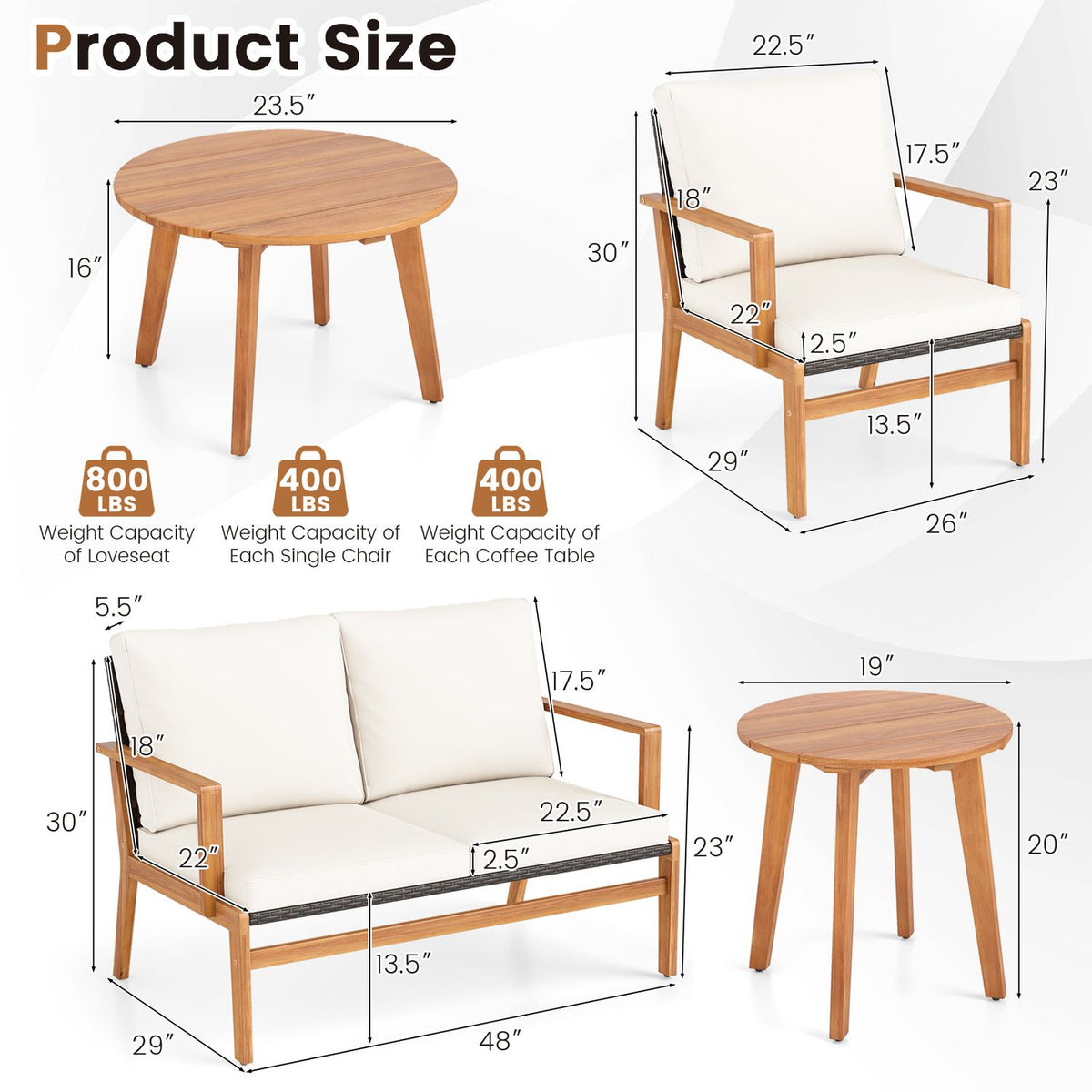 Dimension drawings show a round wooden table, an armchair, a loveseat, and a smaller round table.