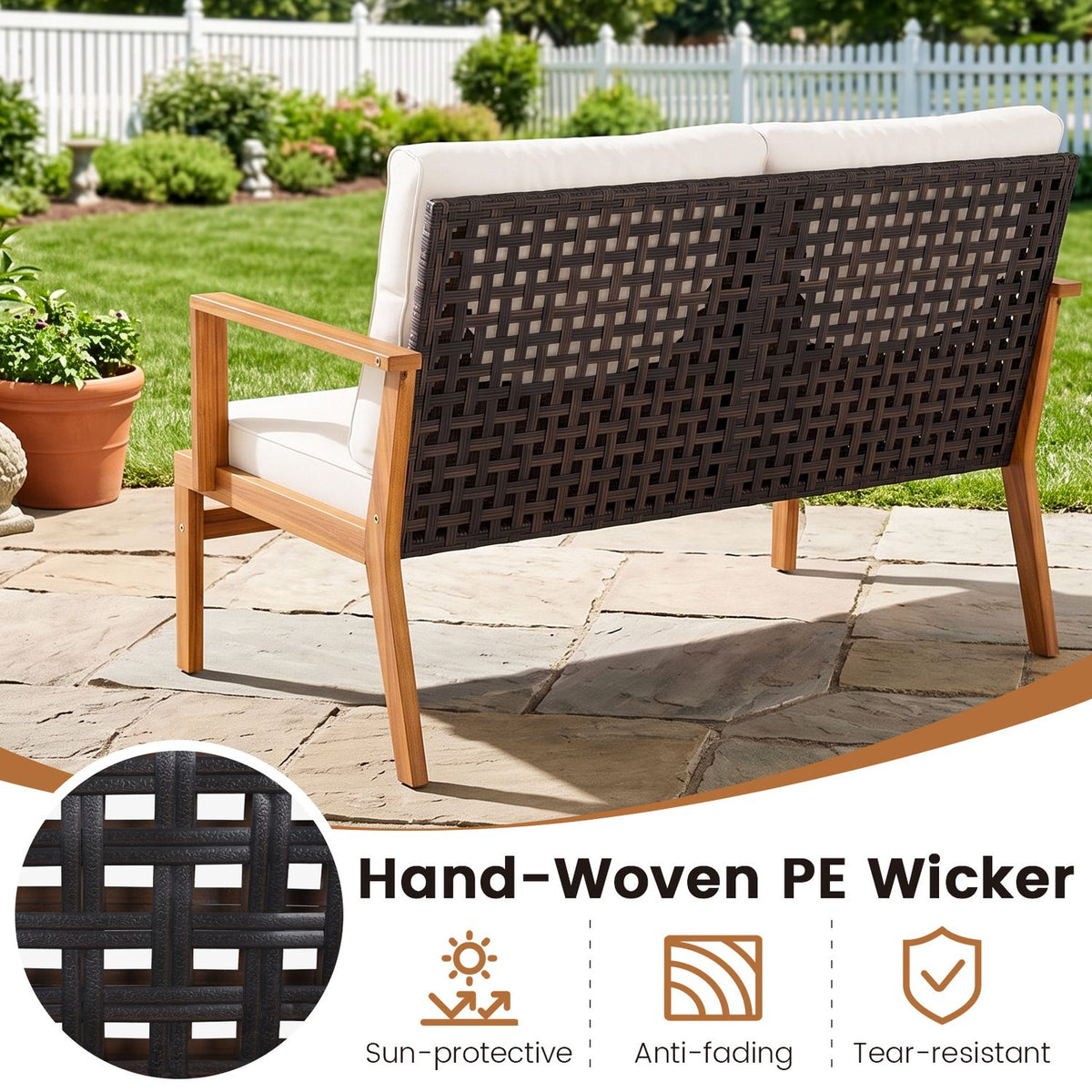 Back of a cushioned patio loveseat with dark woven panels and wooden arms, shown outdoors.