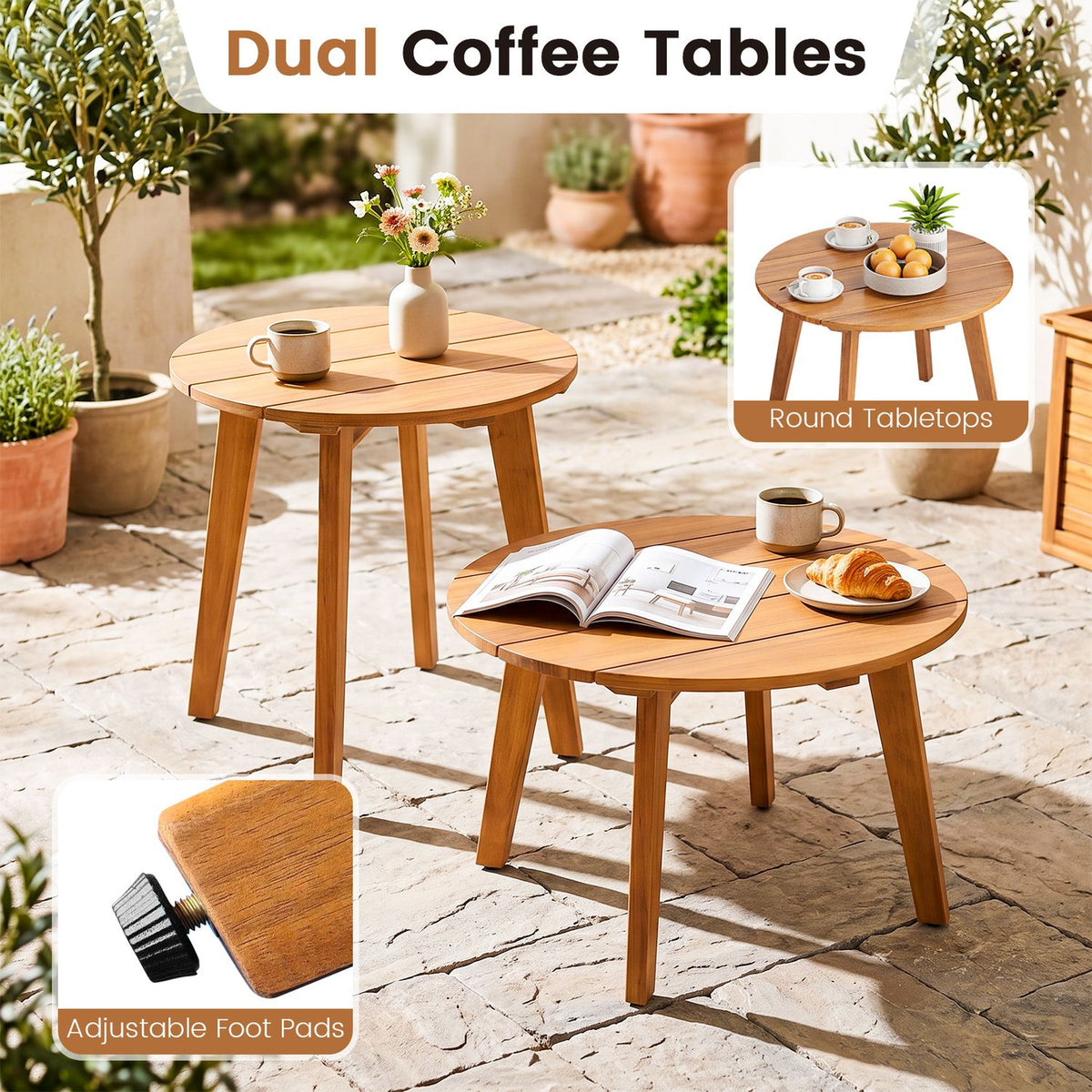Two round wooden coffee tables with drinks and snacks sit on a stone patio; inset images show tabletop and foot details.