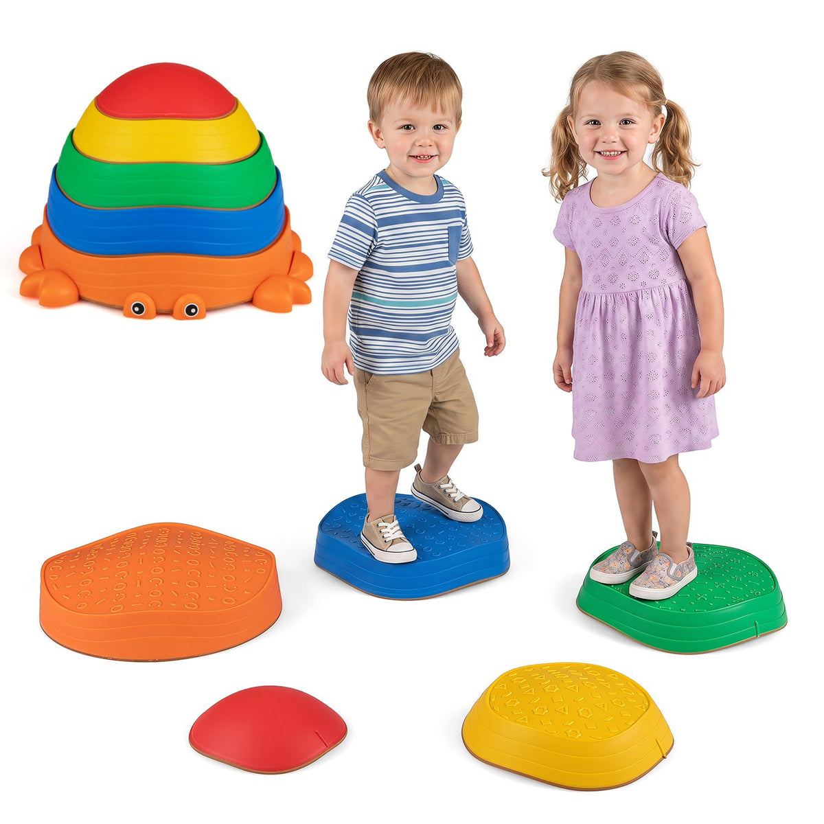 Children stand on blue and green stones beside the other colorful pieces and a stacked crab-shaped toy.