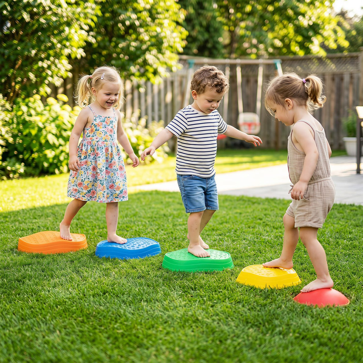 Three children balance on colorful crab-shaped stepping stones across a grassy backyard.