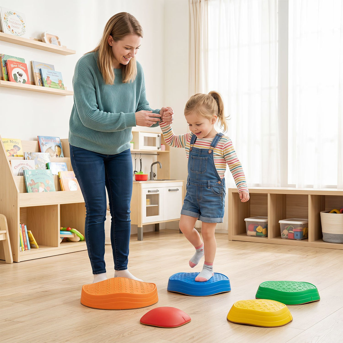A child steps between colorful textured stones while an adult offers a hand in a bright playroom.