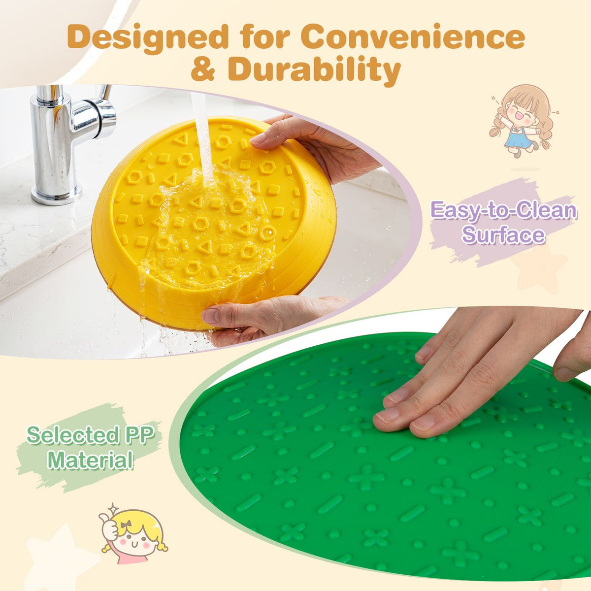 Hands rinse a yellow textured stone under a faucet and press the patterned surface of a green stone.
