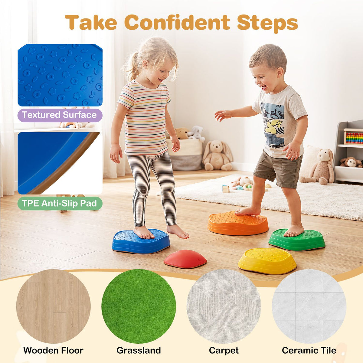 Children balance on colorful stepping stones, with close-ups of a blue textured top and its underside.