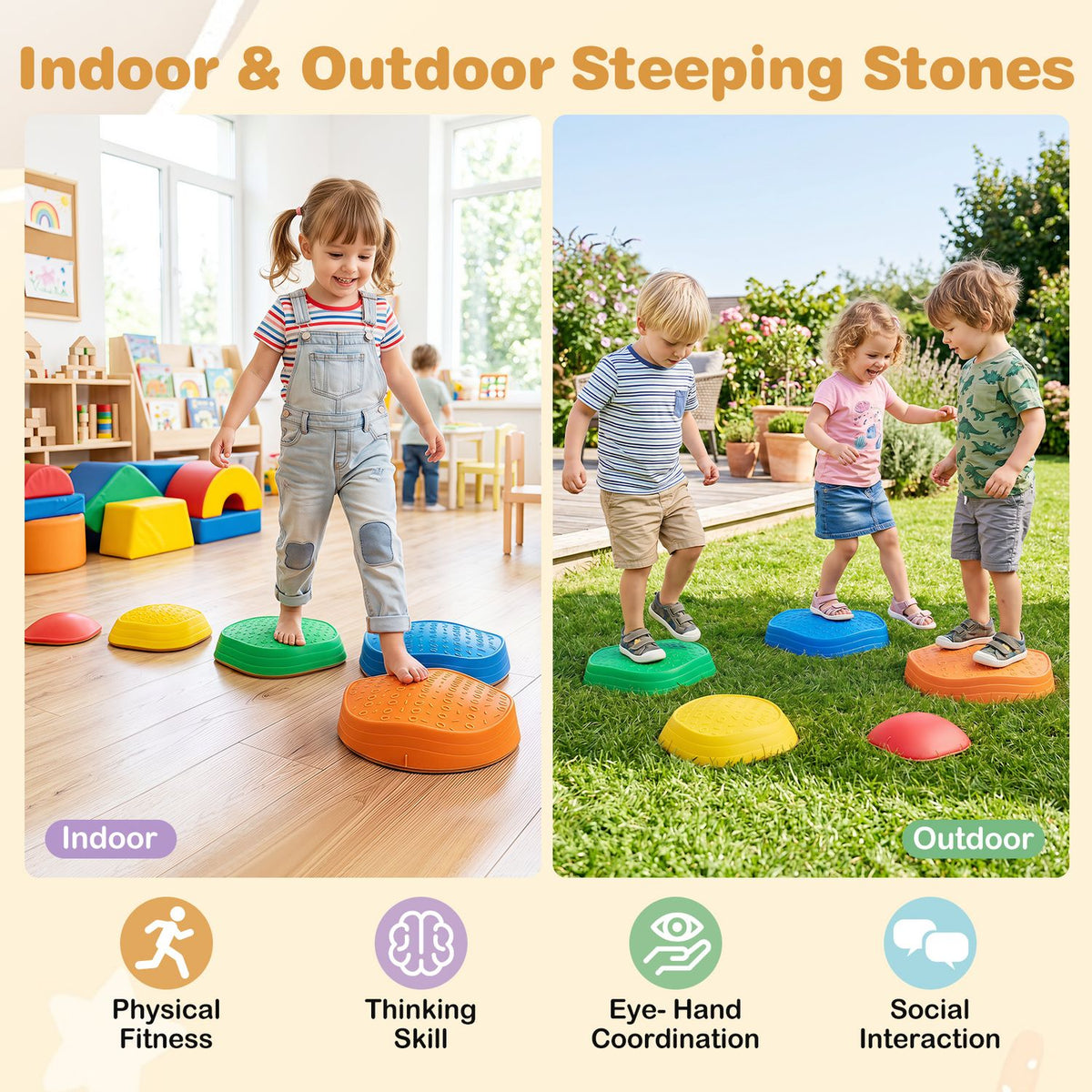 Children play on colorful stepping stones inside a bright room and outside on grass.