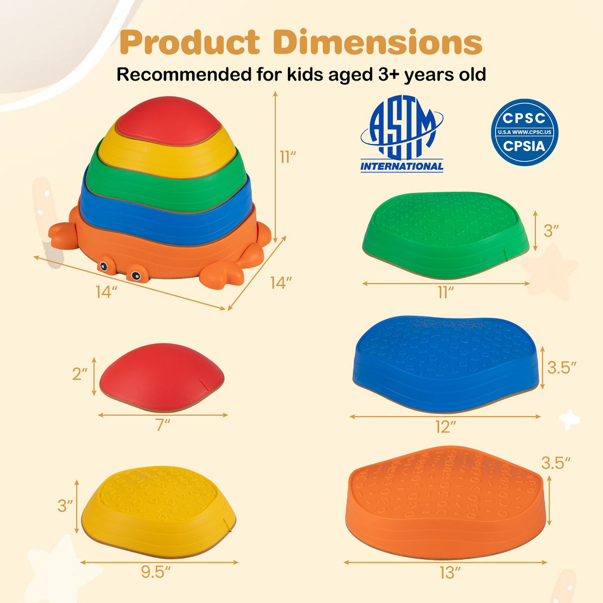 Dimension diagram showing the crab-shaped stack and individual green, blue, orange, yellow, and red stones.