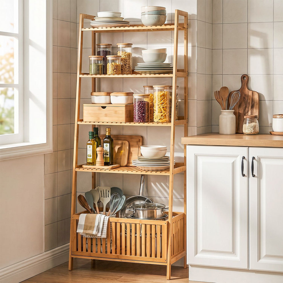 Natural bamboo ladder shelf with dishes and pantry jars beside a kitchen window