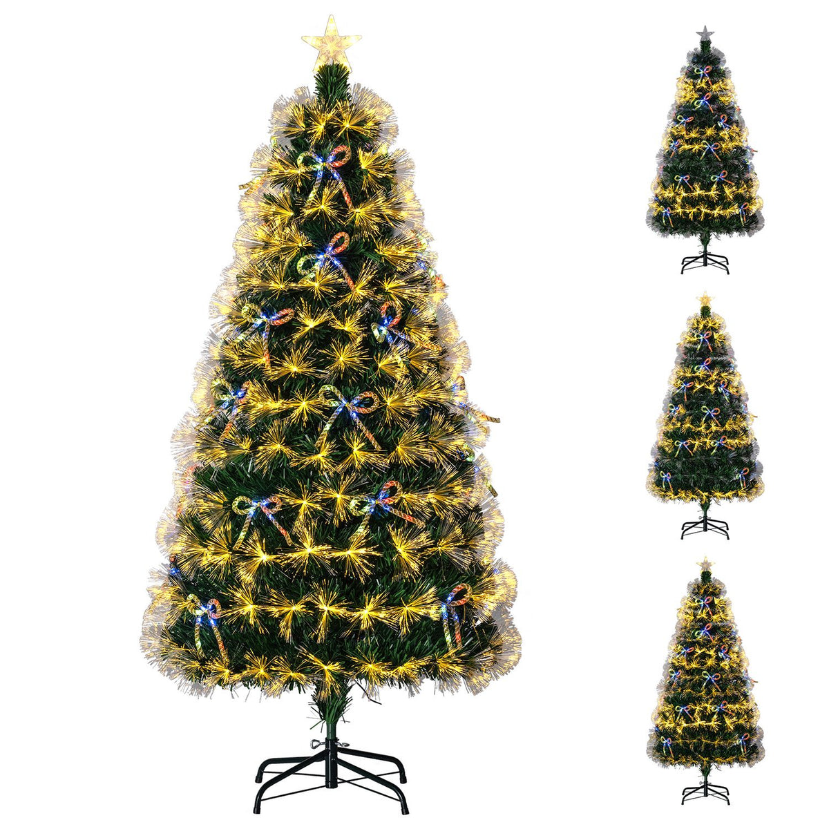 Lighted green artificial Christmas tree shown from the front on a white background