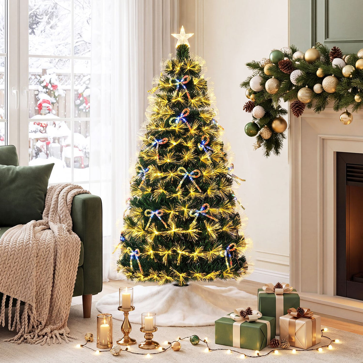 Green artificial Christmas tree with glowing lights beside a bright window