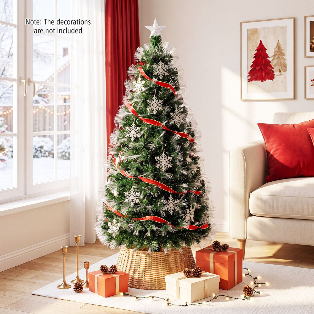 Green artificial Christmas tree with red ribbon and white snowflake ornaments