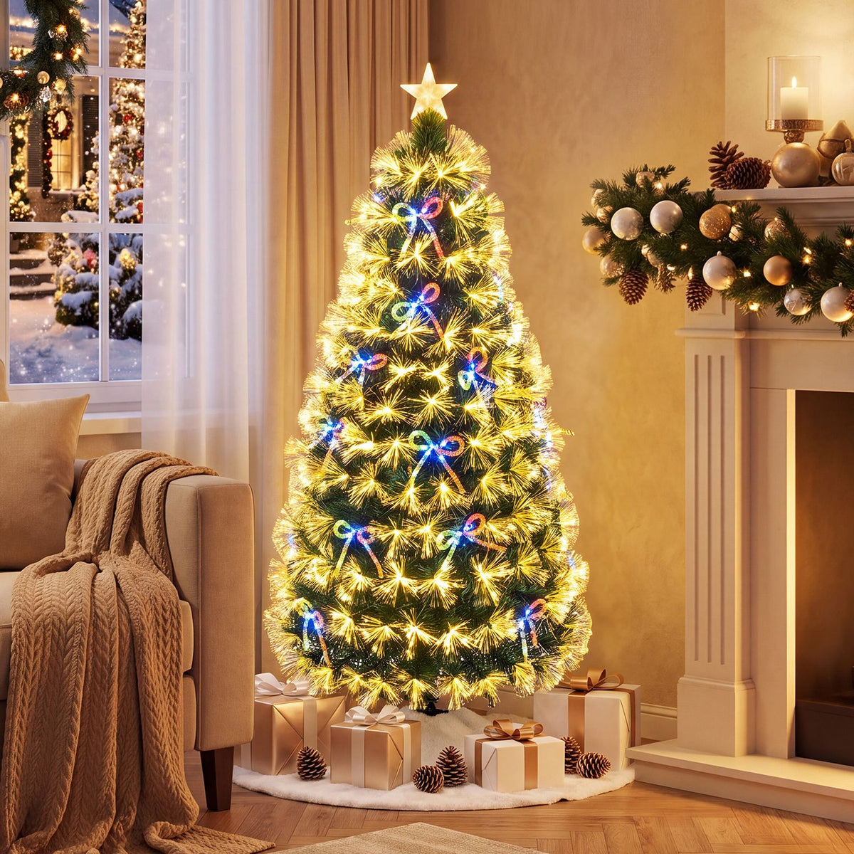 Green artificial Christmas tree with colorful lights in a warmly lit living room