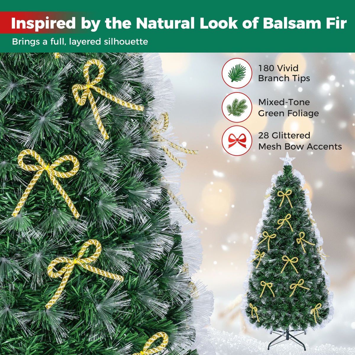 Close-up of green tree branches with gold bows beside a smaller view of the decorated tree.