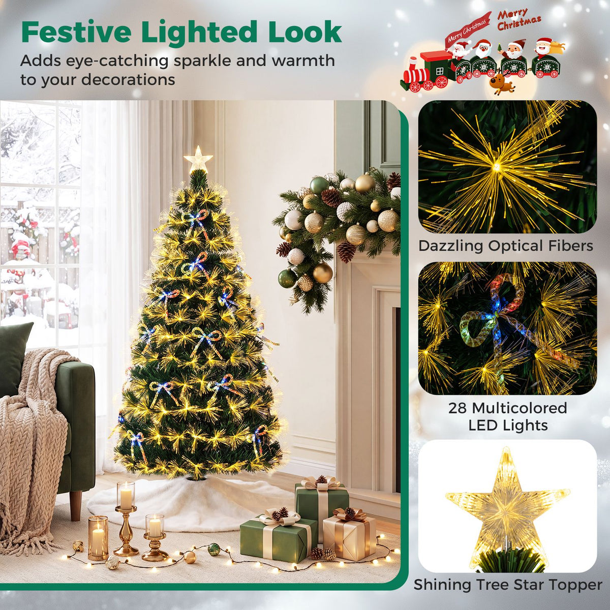 Room view of a glowing tree alongside close-ups of its optical fibers, multicolored lights, and star topper.