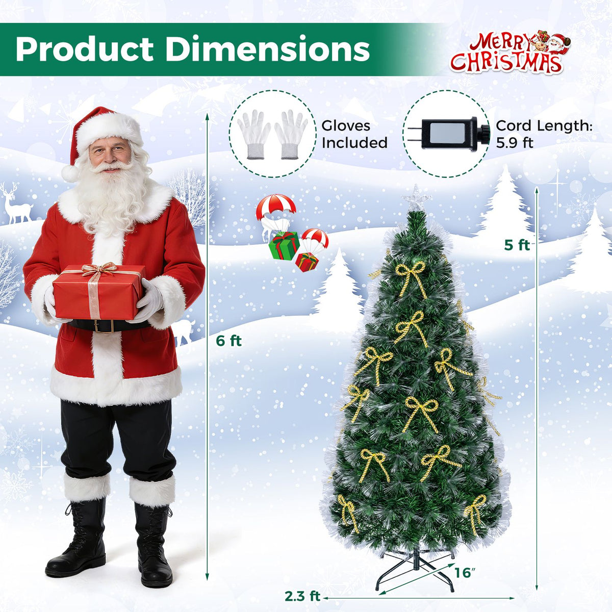 Christmas tree dimensions graphic showing the tree, stand, gloves and power cord