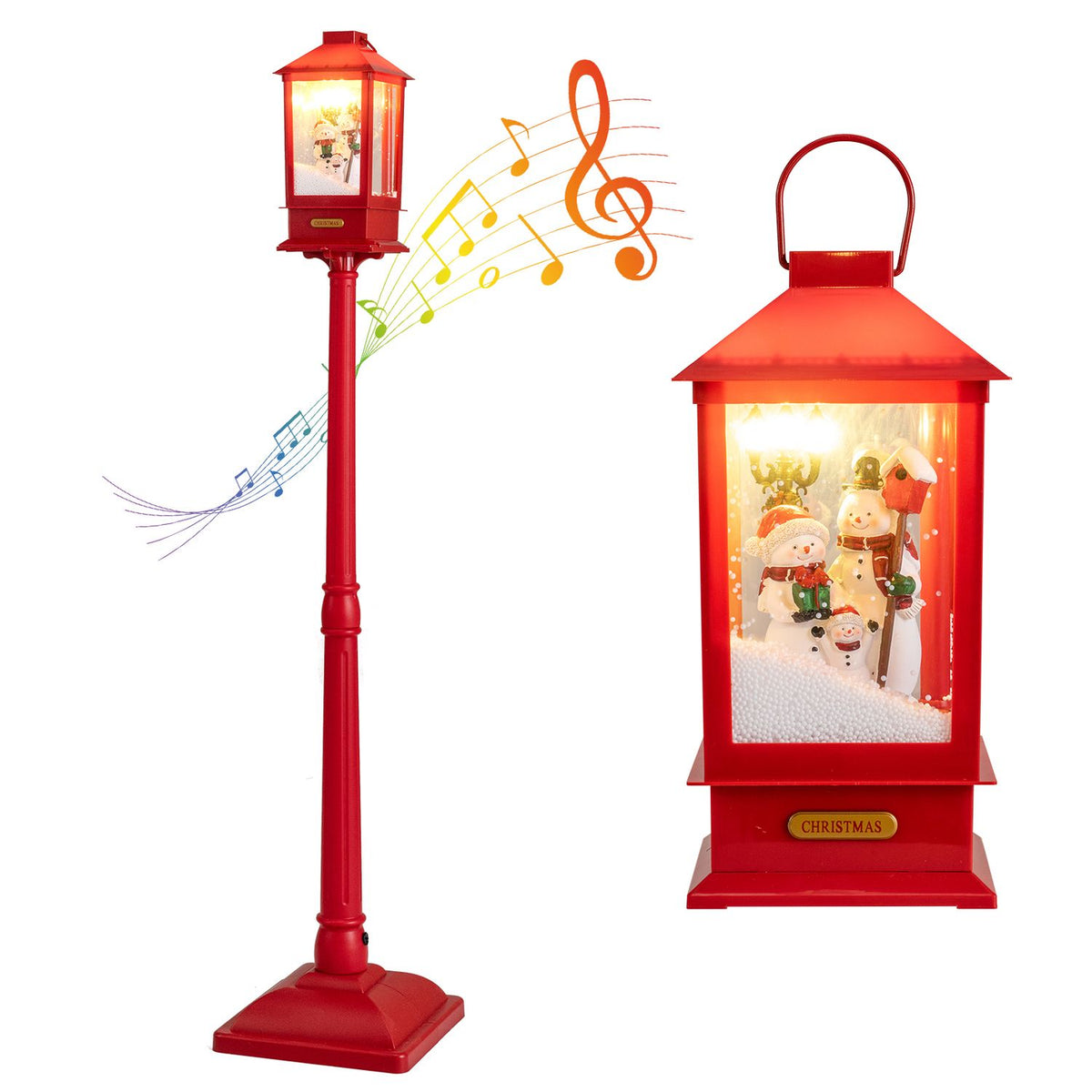 Red streetlight shown beside a close-up of its glowing lantern and snowman scene, with musical notes illustrated.