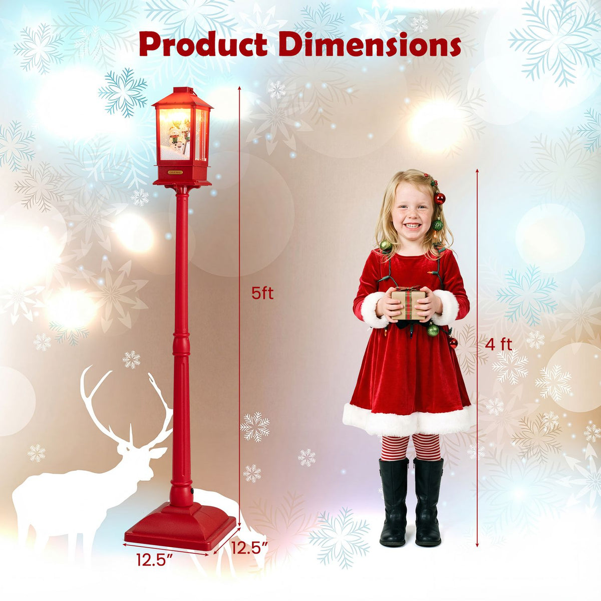 Red holiday streetlight shown beside a child for scale, with arrows marking its height and base.