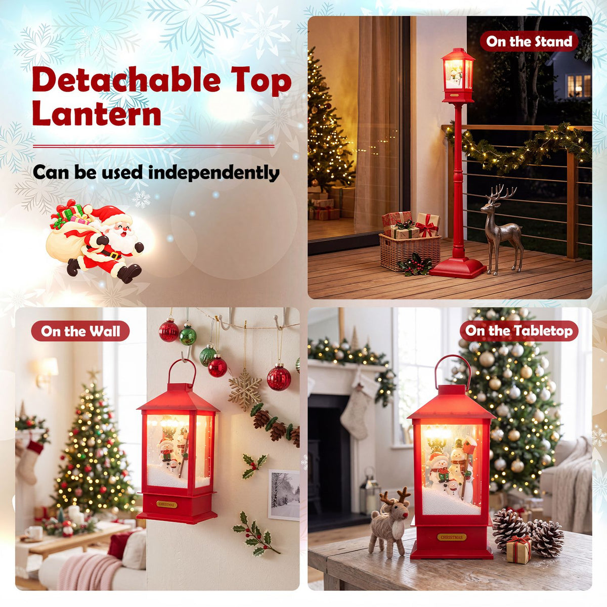 Red lantern shown mounted on a streetlight stand, hanging on a wall, and displayed on a tabletop.
