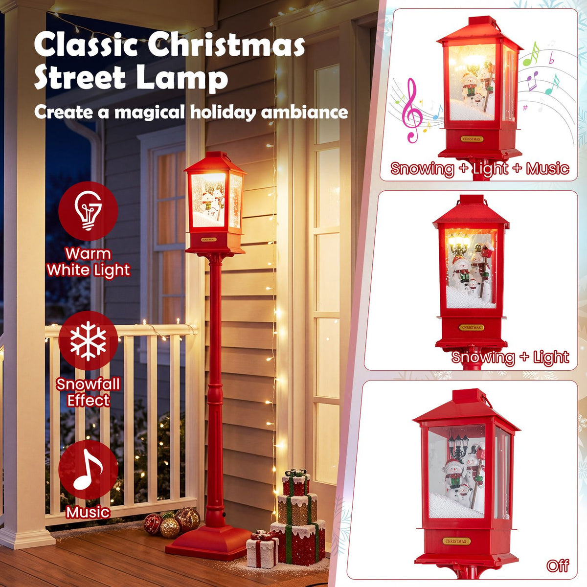 Red streetlight glowing on a porch, alongside smaller views showing its snowman scene in different operating modes.