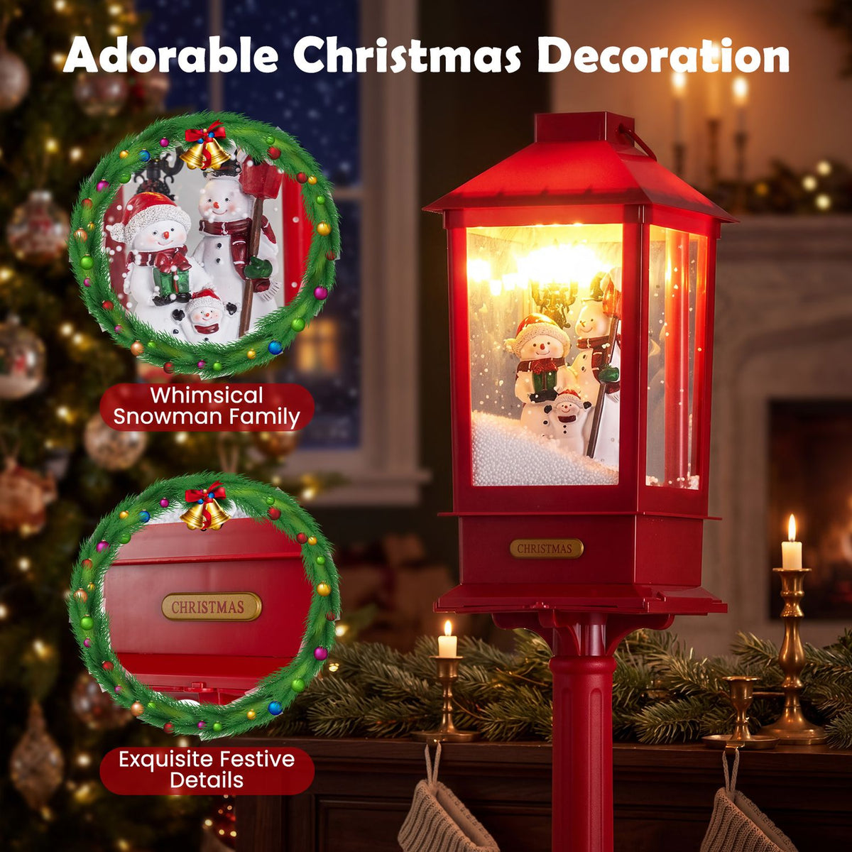 Close view of the red lantern’s illuminated snowman scene, with inset views of the snowy figures and decorative base.