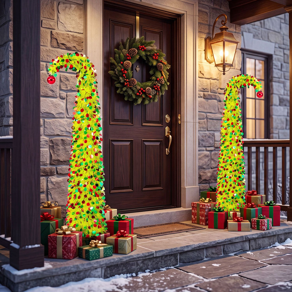 Two lime-green arched Christmas trees with red ornaments flank a decorated front door and wrapped gifts.