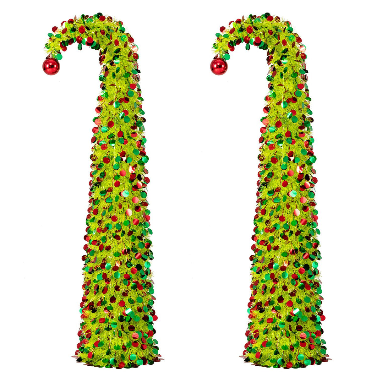 Two matching lime-green Christmas trees curve over at the top, each finished with a dangling red ball.